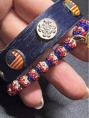B66230 Rustic Cuff patriotic Stretch Bracelet Red White Blue Crystal Disco Ball